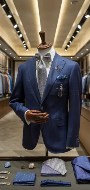 Dark navy suit with textured finish and silver accessories in a luxury showroom.