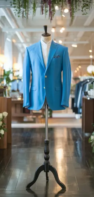 Light blue blazer on a mannequin in a retail store.