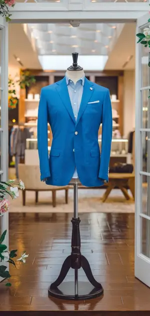 Turquoise blue blazer on a mannequin in a boutique setting