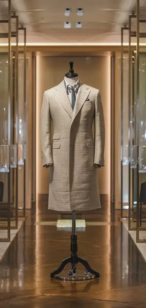 Cream spring coat in a luxurious showroom