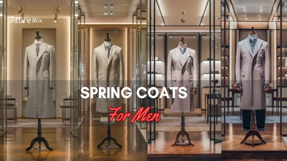 Light-colored spring coats for men on display