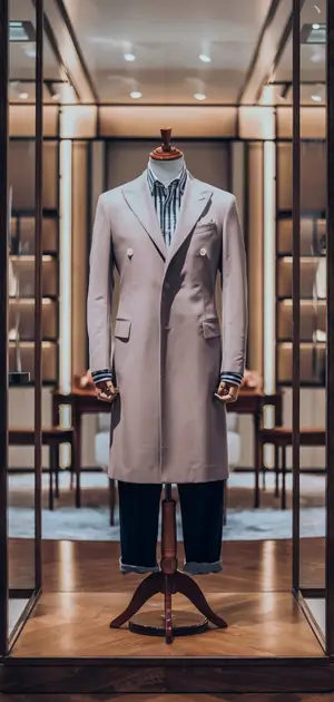 Beige double-breasted spring coat with checkered pattern