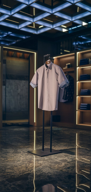 Short-sleeve formal shirt with striped cuffs on a mannequin