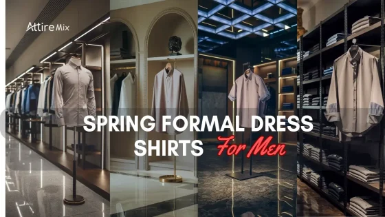 Display of spring formal dress shirts for men in light and fresh tones.