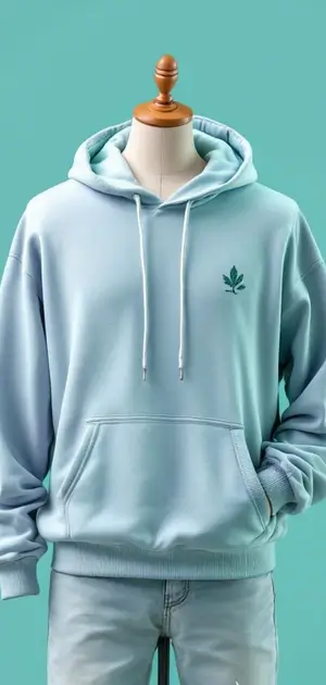 Light blue hoodie with a small green leaf emblem on the chest and white drawstrings.