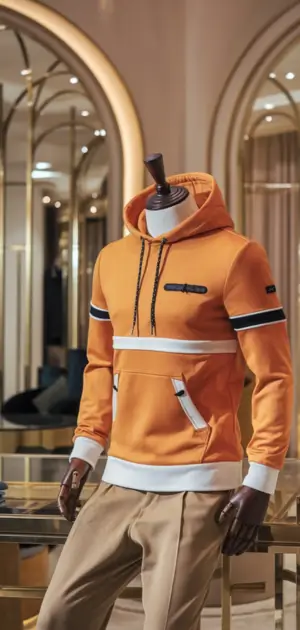 Bright orange hoodie with white and black details for men