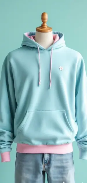 Light blue hoodie with pink accents on the cuffs, hem, and inner hood