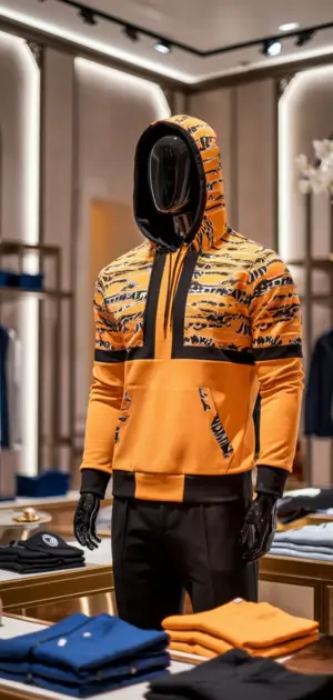 Orange and black graphic hoodie on a mannequin in a luxury store