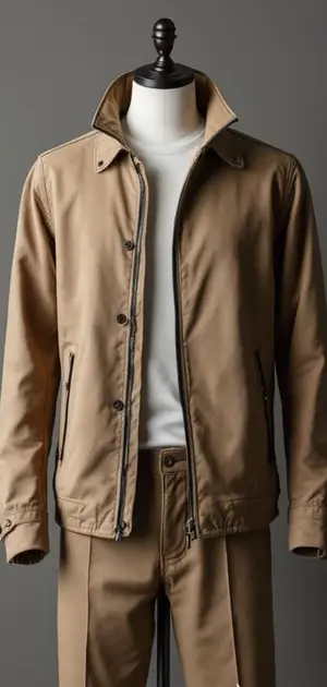 Tan zip-up spring jacket with black zipper details