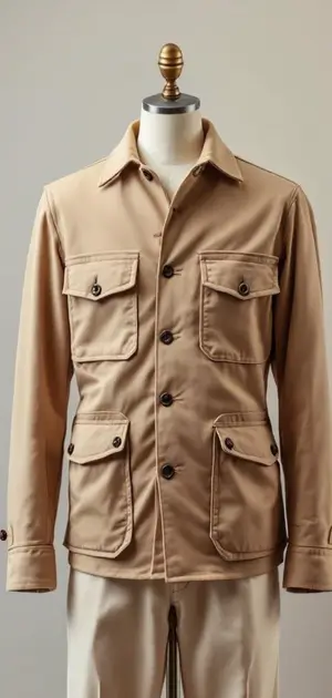 Light brown spring jacket with multiple buttoned flap pockets