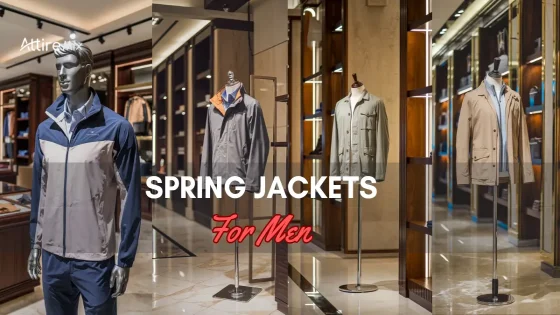 Four spring jackets for men displayed on mannequins.
