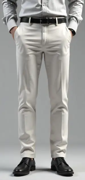 Man styled in bright white slim-fit dress pants with a grey shirt
