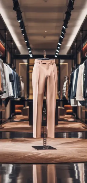 Light beige formal pants displayed on a stand in a premium store