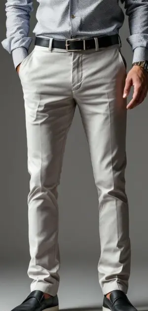 Man wearing light grey dress pants with a patterned shirt and black belt