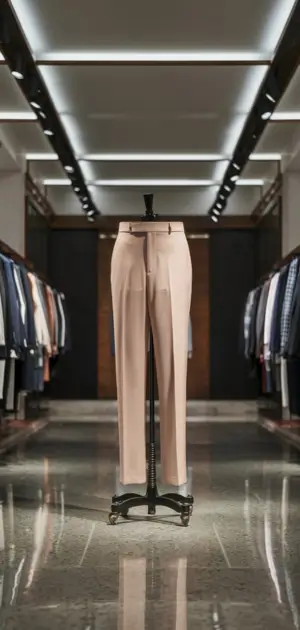 Slim-fit beige pants displayed in a luxurious and elegant store setting