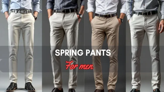 Four men wearing stylish Spring Pants For men in neutral tones