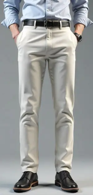 Man wearing off-white slim-fit pants with a blue button-up shirt