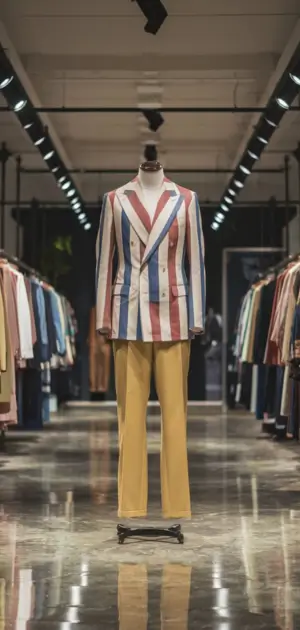 Striped blazer with yellow pants displayed on a mannequin in a stylish store