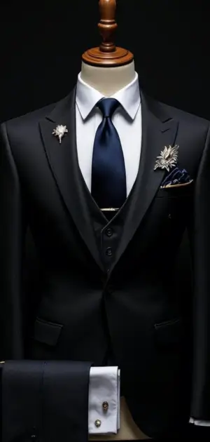 Black suit with a deep blue tie and silver accents