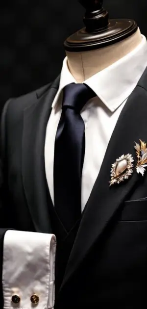 Close-up of a black suit with a navy tie and a decorative brooch