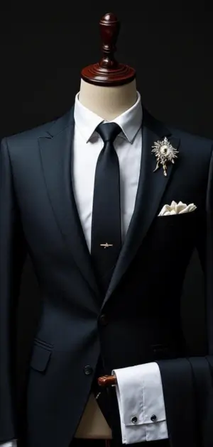 Classic black suit with a black tie and silver brooch