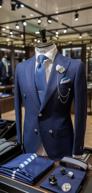 Blue checkered suit with beige tie and lapel chain in a boutique