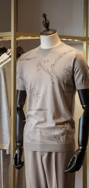 Stylish mannequin wearing a floral-patterned spring T-shirt for men