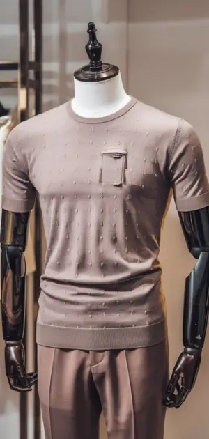 Modern T-shirt with embossed textured design on a mannequin.
