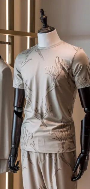 Minimalistic floral-patterned spring T-shirt for men on a mannequin