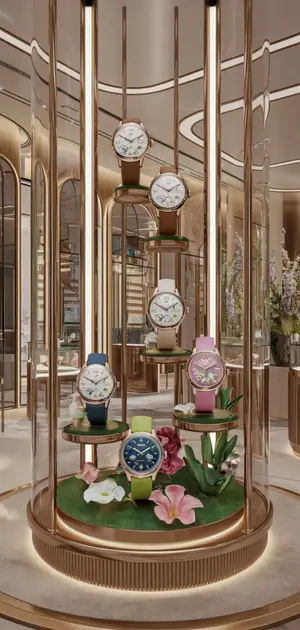 Men's spring watches displayed on a circular stand with colorful floral accents