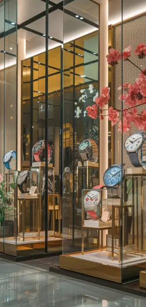 Elegant spring watches for men displayed in a glass case with cherry blossom decor