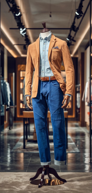 Mannequin wearing spring jeans with a multicolored blazer in a contemporary store.