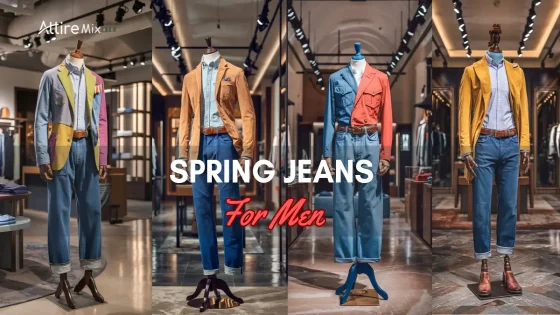 Mannequins showcasing spring jeans for men with colorful outfits in a stylish store.
