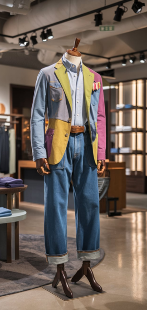 Mannequin dressed in spring jeans paired with a yellow blazer and checked shirt in a store.