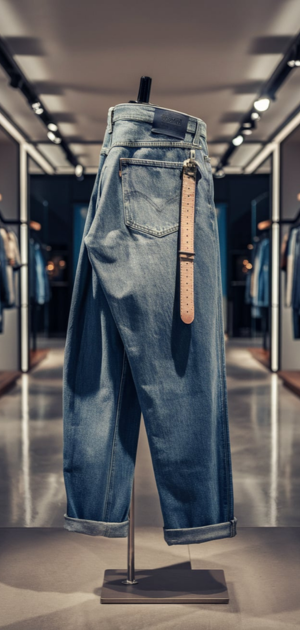 Side view of stonewashed jeans with leather belt hanging