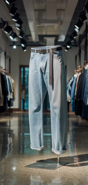 Stonewashed jeans with folded cuffs in a fashion store