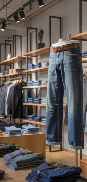 Blue straight-fit jeans with light fading on a mannequin in a boutique setting