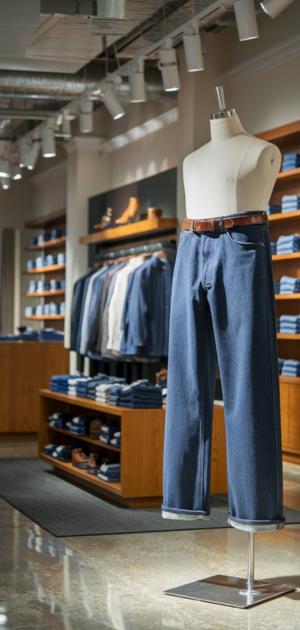 Straight jeans for men displayed with brown shoes in a modern retail store
