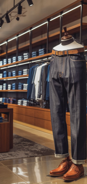 Dark-wash straight jeans paired with tan leather shoes in a refined retail space