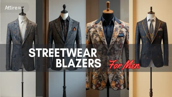 Contemporary men's streetwear blazers featuring striking patterns and fine tailoring.