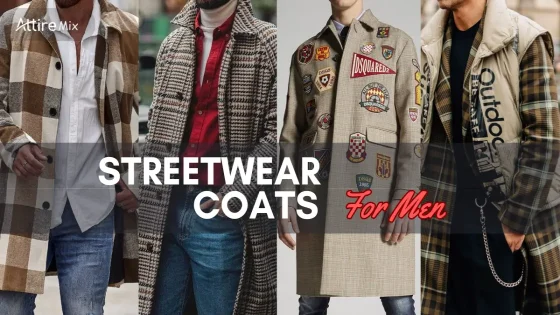 Stylish men’s streetwear coats with checks, bold patches, and layered urban designs.