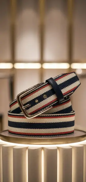 Blue and red striped belt for men on an elegant pedestal