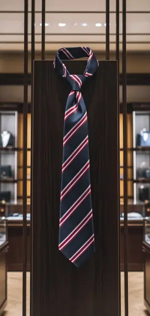 Diagonal-striped tie resting on a black geometric stand