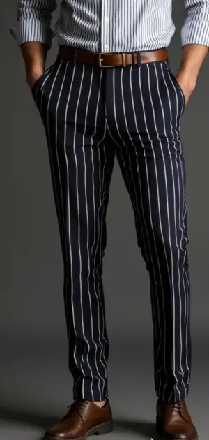 Man wearing navy pinstripe trousers with a striped shirt and brown dress shoes.