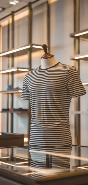 Thin grey striped T-shirt on display