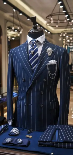 Navy pinstripe suit with a bow tie and luxury accessories displayed on a mannequin