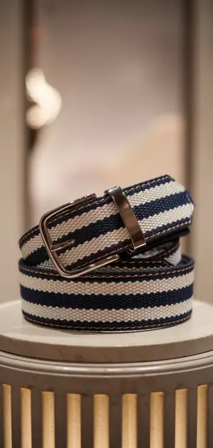 Navy and white striped belt for men on a modern stand