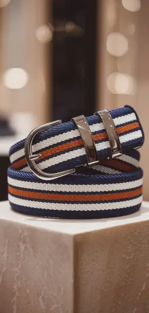 Blue and white striped belt for men on a decorative pedestal