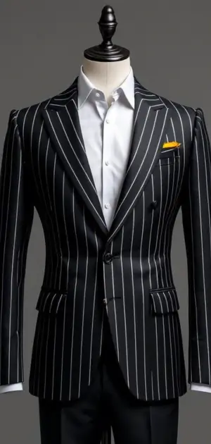 Black pinstripe blazer with white shirt and yellow pocket square