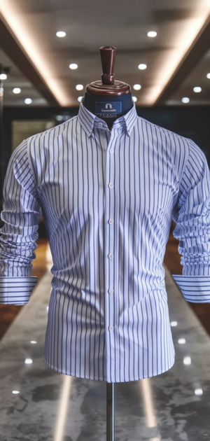 Striped formal shirt displayed on a mannequin in an upscale store